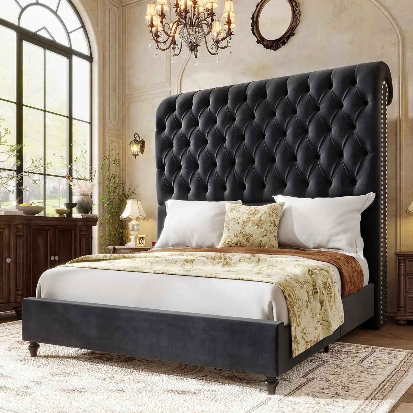 Queen Size Bed Frame with Velvet Headboard, Handcrafted Tufted Design