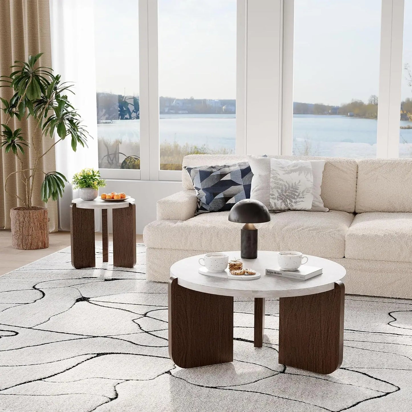 Modern Round Coffee Table & Side Table Set, Faux Marble Top, Walnut Legs,