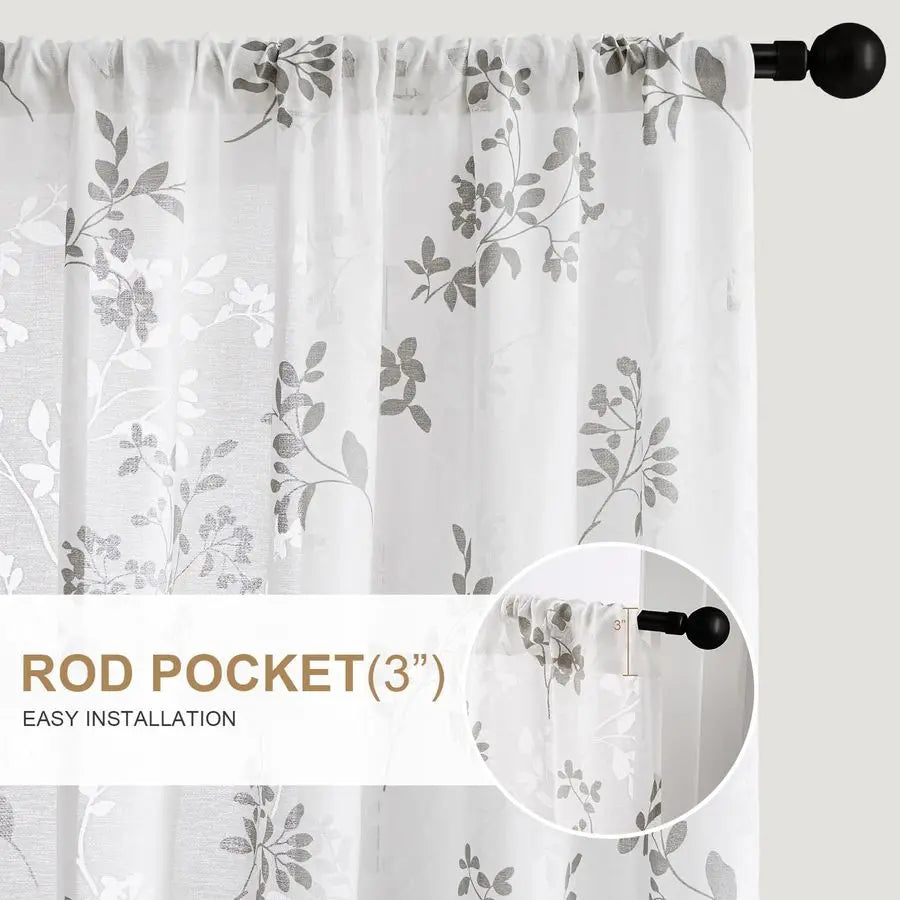 Semi Sheer Curtains, White and Grey Printed Leaves Floral