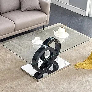 Glass Coffee Table, 47'' Modern Double MDF Leg and Silver Metal Bases