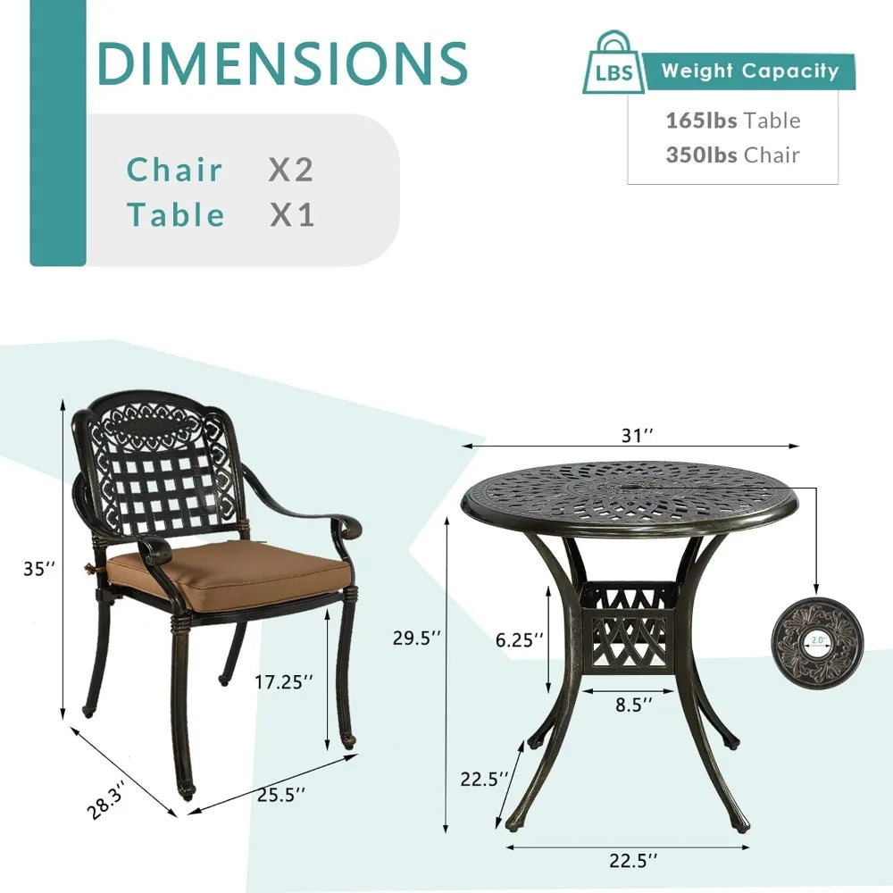 3 Piece Outdoor Patio Set, Cast Aluminum