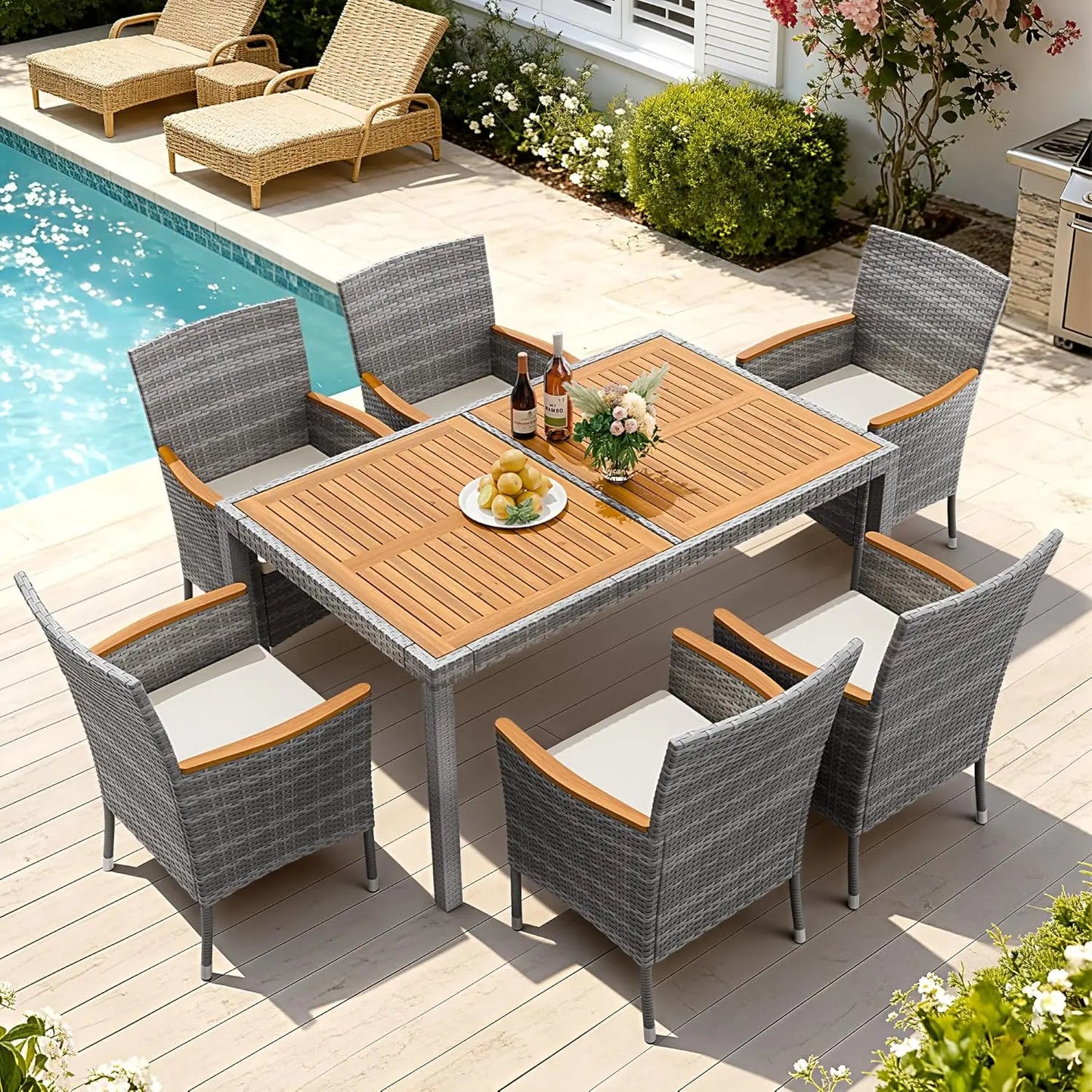 7 PCS Patio Furniture Set with Acacia Wood Table Top