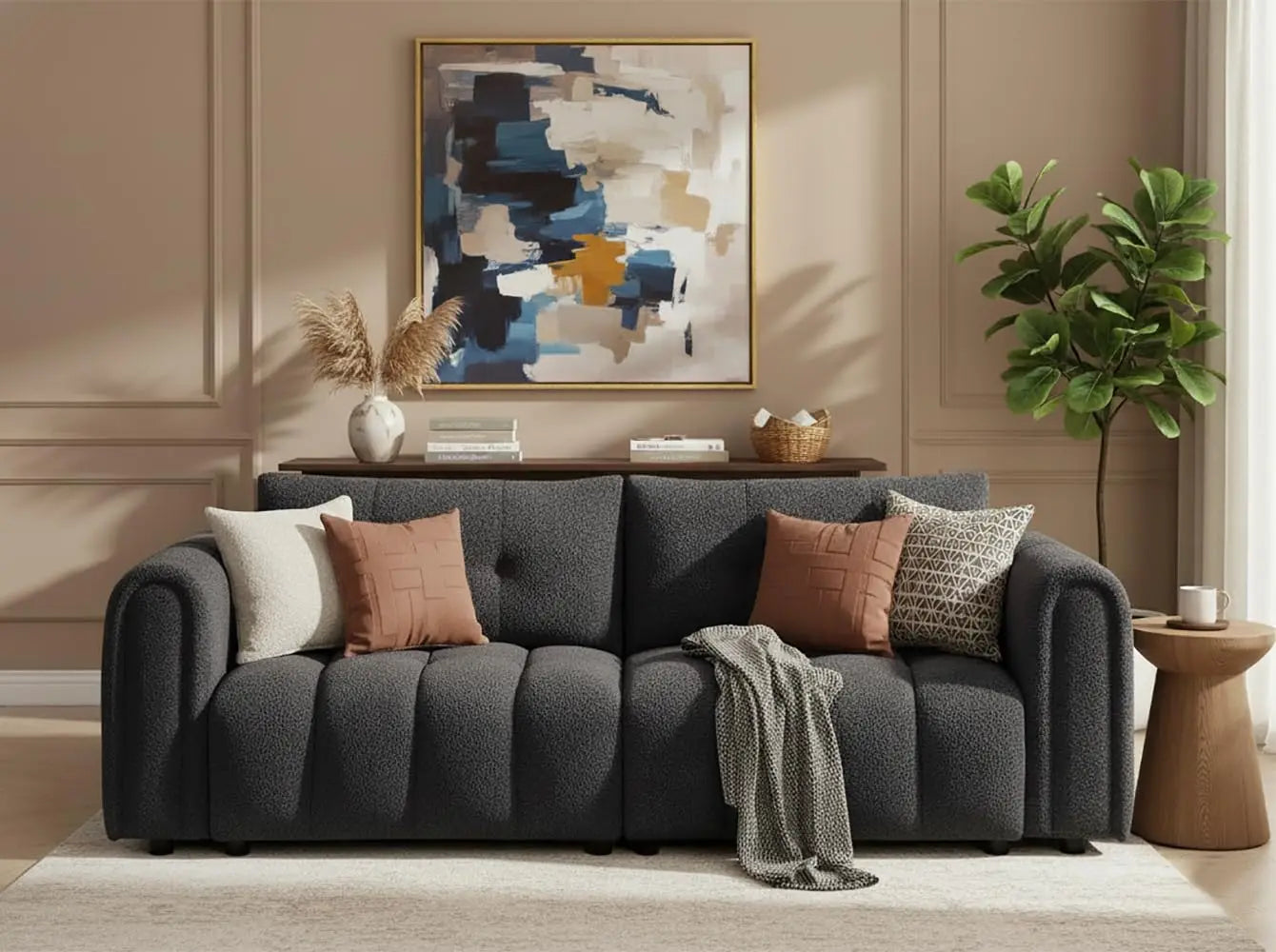 91.5" Mid-Century Modern Boucle Sofa Rolled Arms