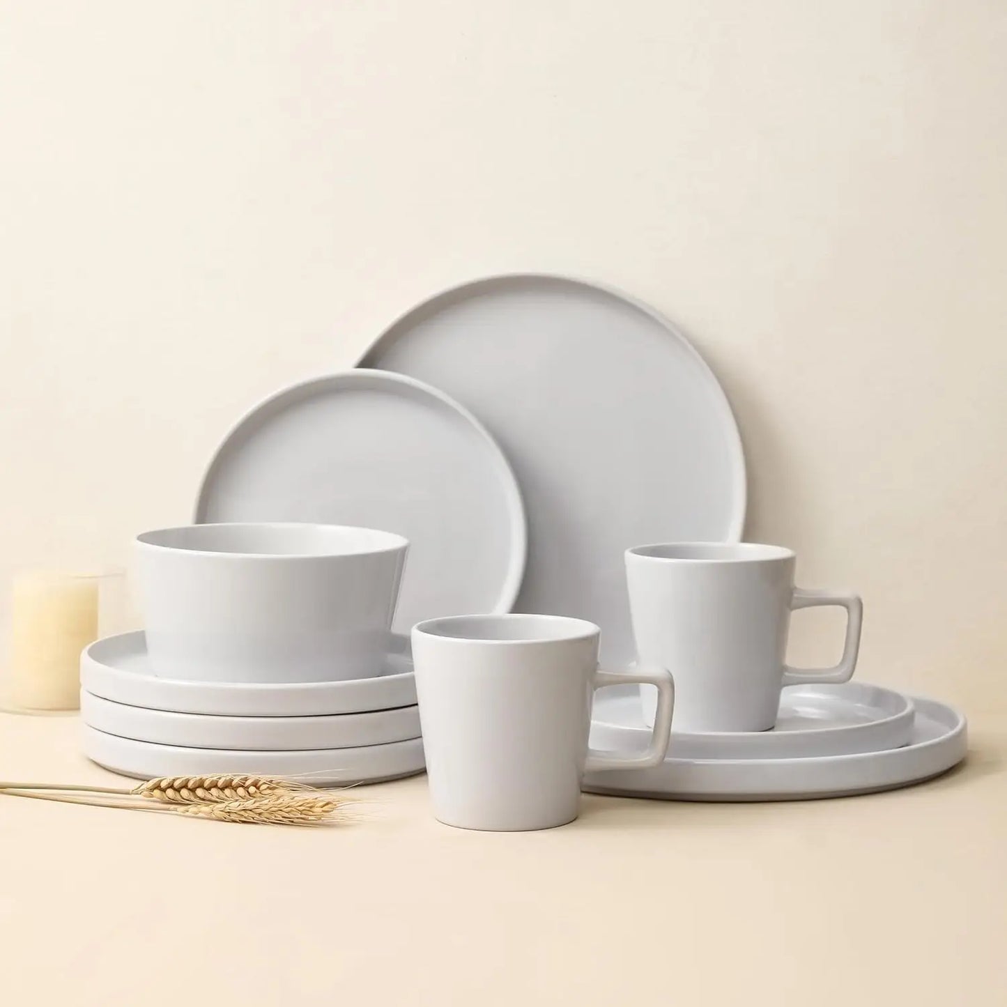 16-Piece Dinnerware Set for 4, White Glossy Plates and Bowls Set,