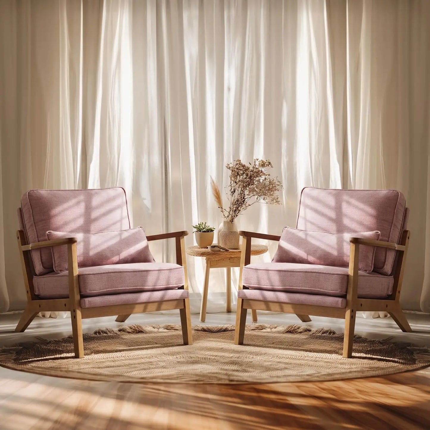 Wide Accent Chair Set of 2,Upholstered Mid Century Modern with Pillow