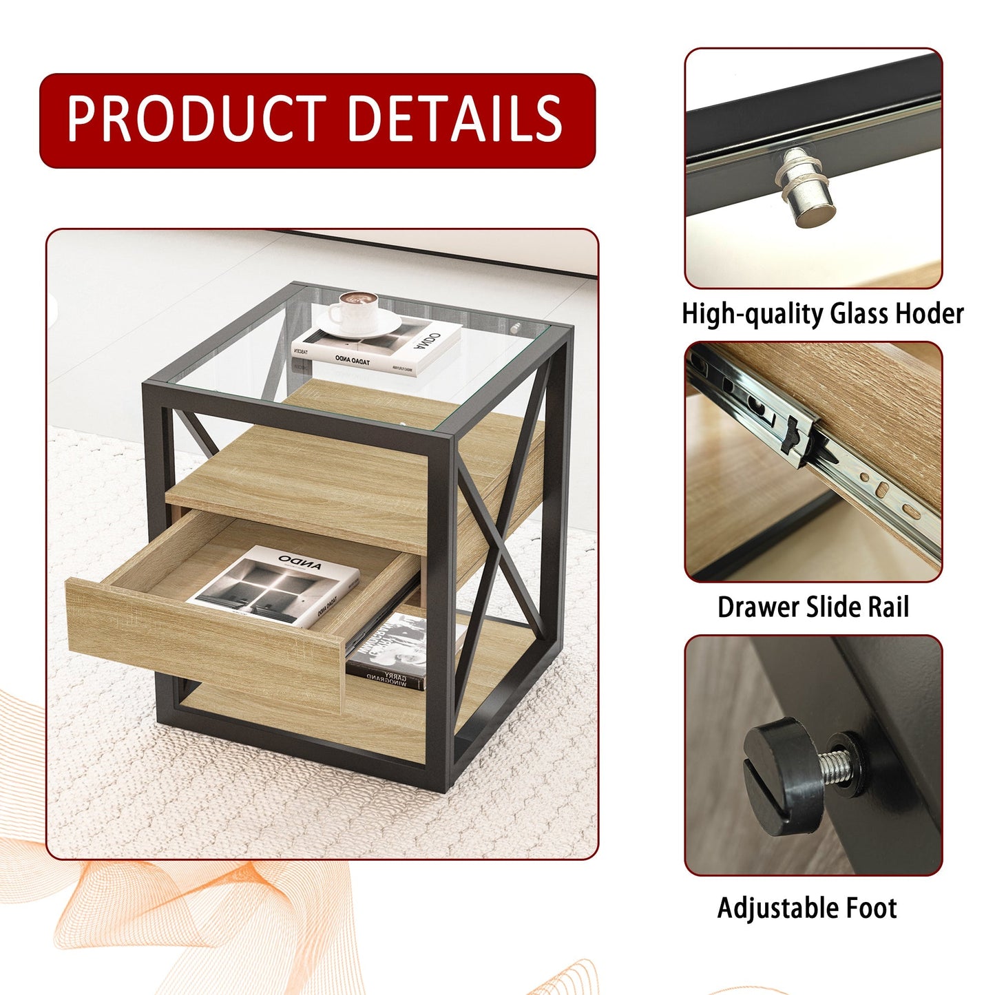 Set of 2 Modern End Tables with Drawer - Nightstands for Bedroom & Living Room