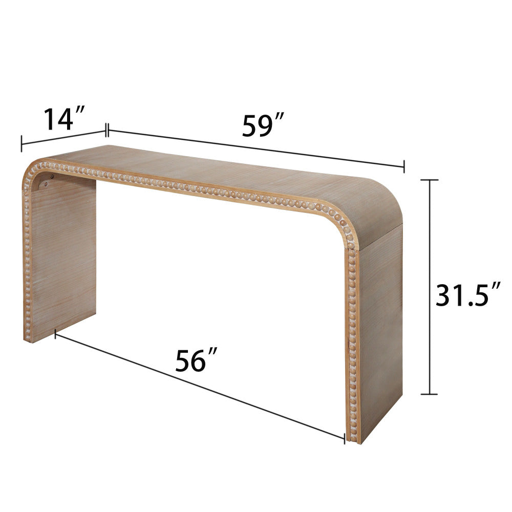 Waterfall Console Table with Wood Bead Trim 59" Curved Entryway Sofa Table Natural Wood Finish