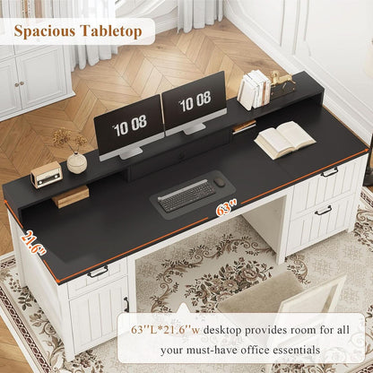 63 Inch Wide White Solid Wood Executive Desk With Drawer