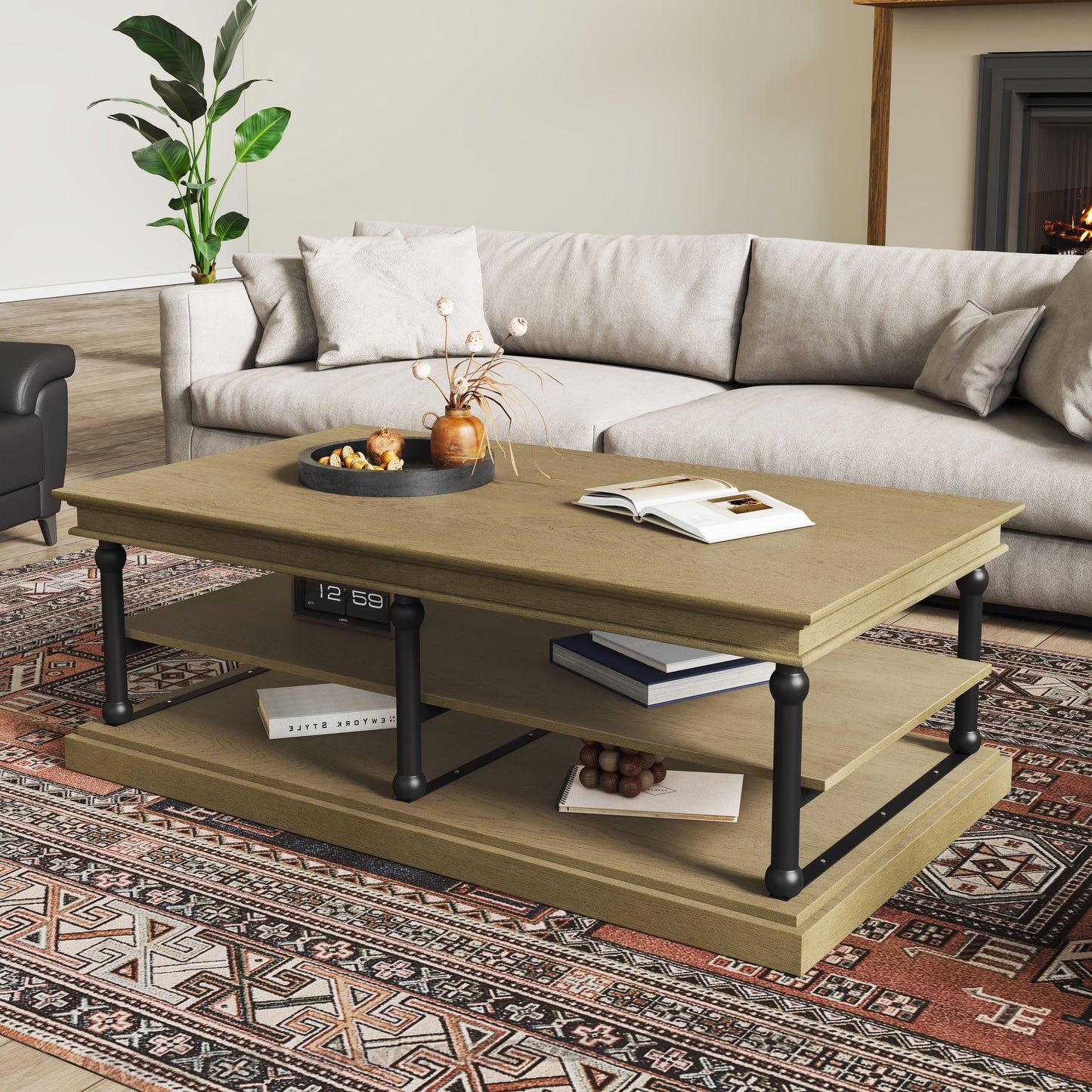 55.1' Wood Coffee Table with Black Legs and Open Storage Shelves