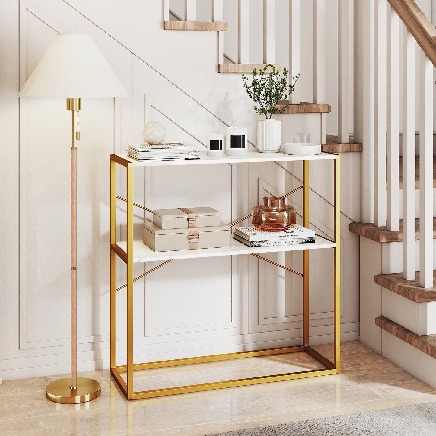 36" Console Table 2-Tier Entryway Table with Wooden Open Shelves and Metal Frame