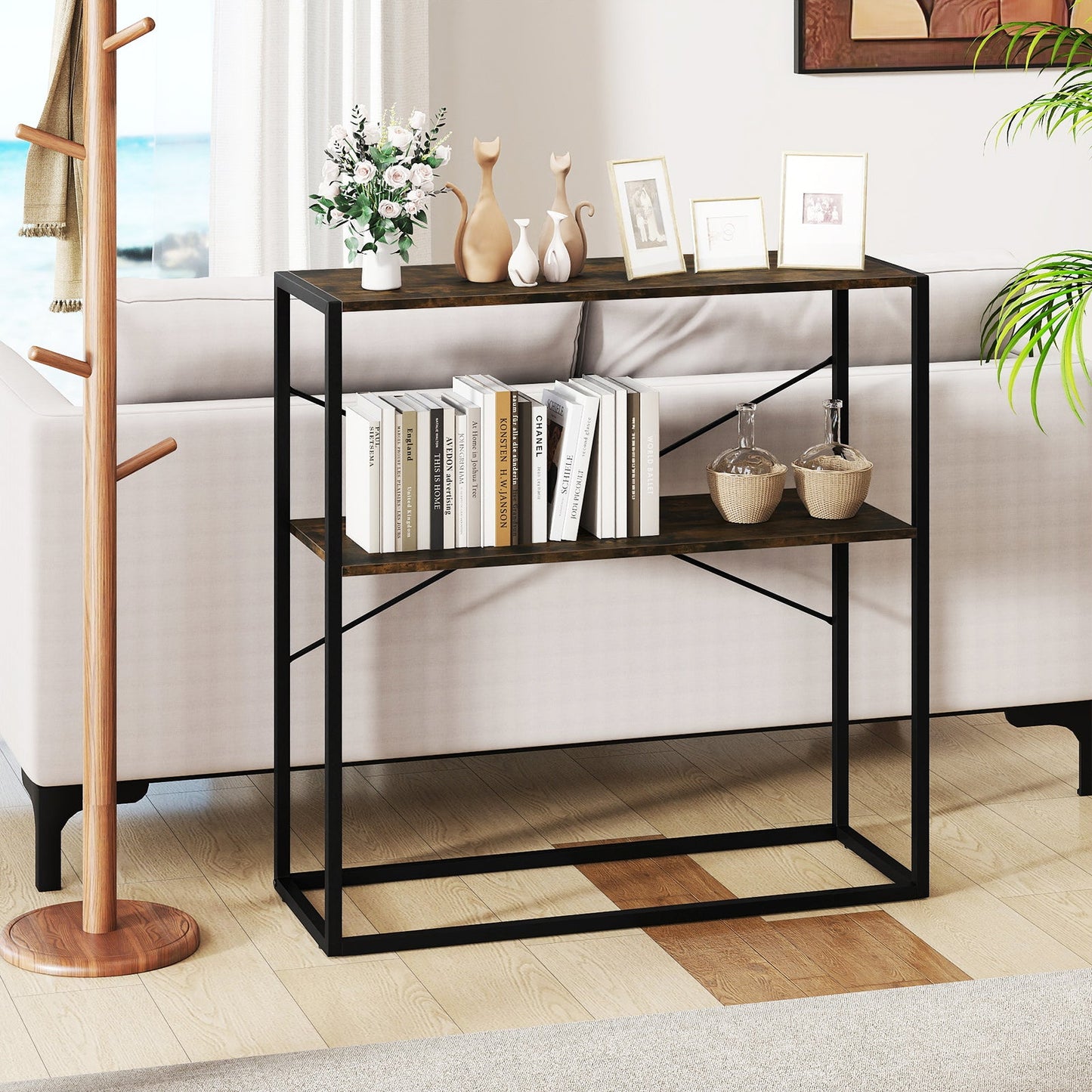 36" Console Table 2-Tier Entryway Table with Wooden Open Shelves and Metal Frame