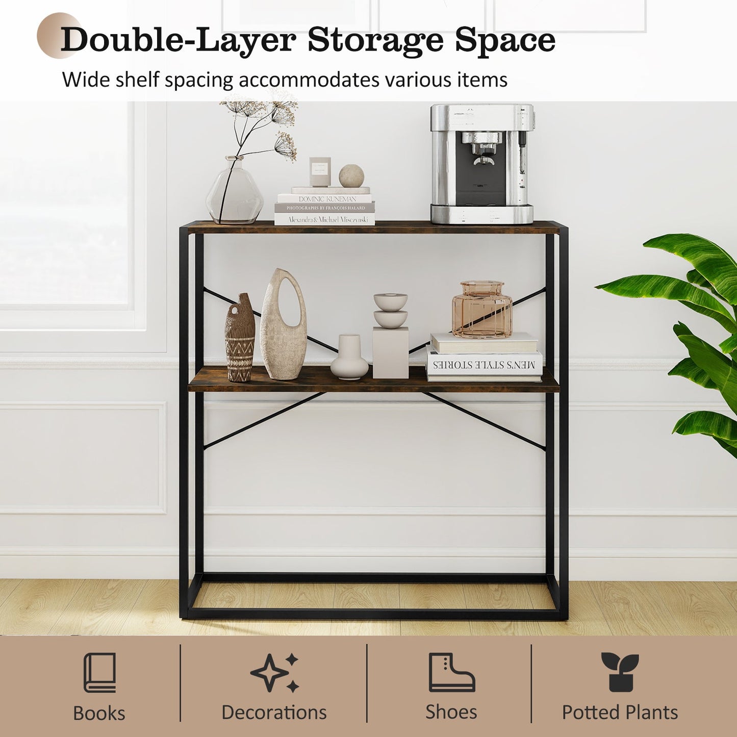36" Console Table 2-Tier Entryway Table with Wooden Open Shelves and Metal Frame