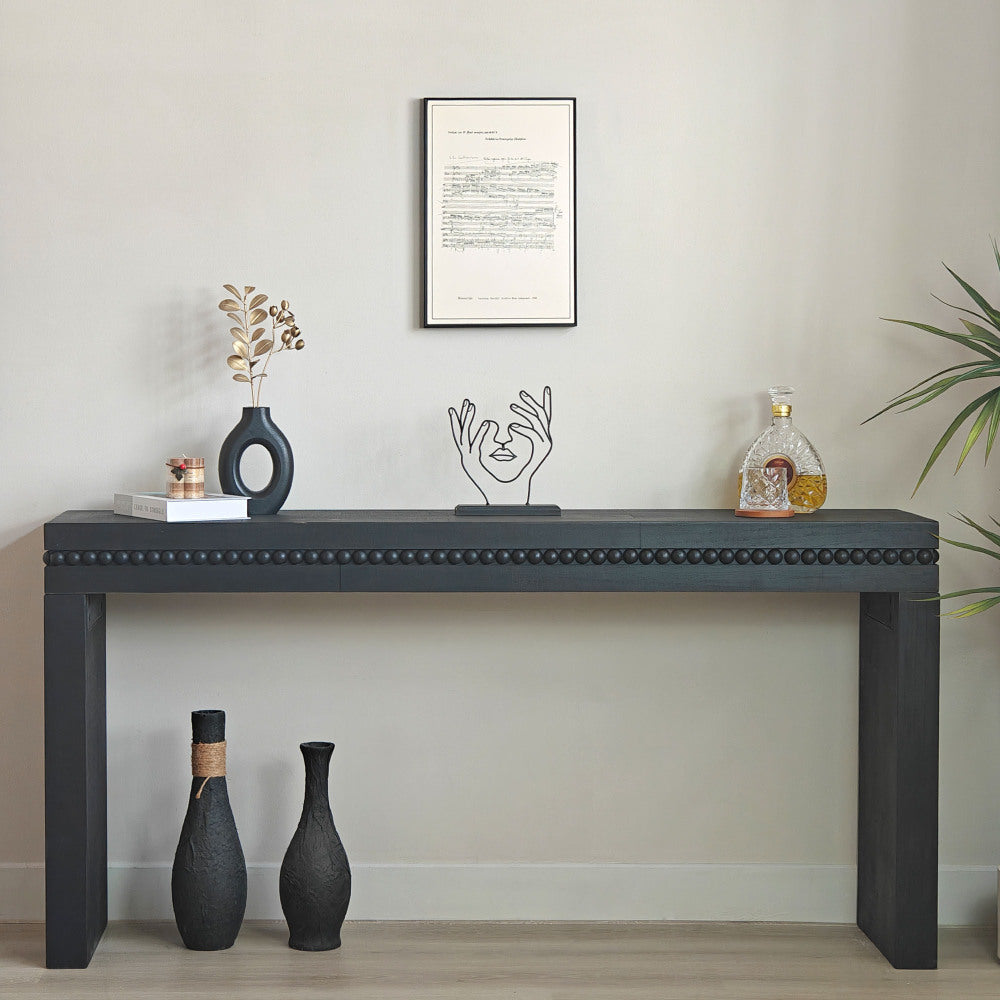 64" Black Console Table with Beaded Trim | Modern Entryway & Sofa Table Engineered Wood, Elegant Black Finish
