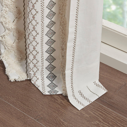 Cotton Printed Curtain Panel with Chenille Stripe and Lining Ivory 50x84