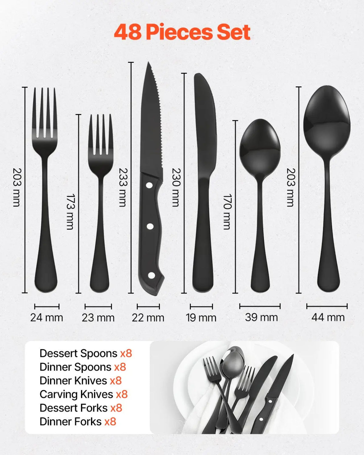 48-piece Black Stainless Steel Silverware Set for 8