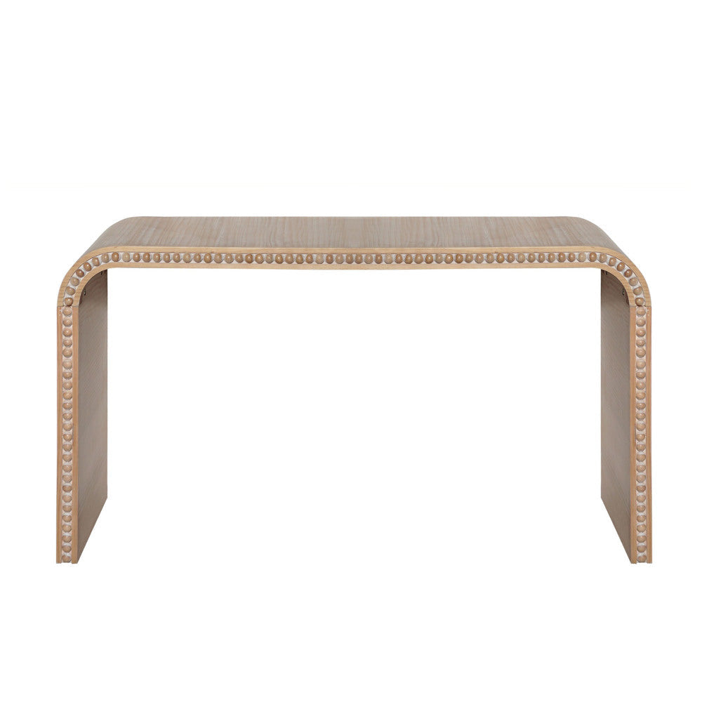 Waterfall Console Table with Wood Bead Trim 59" Curved Entryway Sofa Table Natural Wood Finish