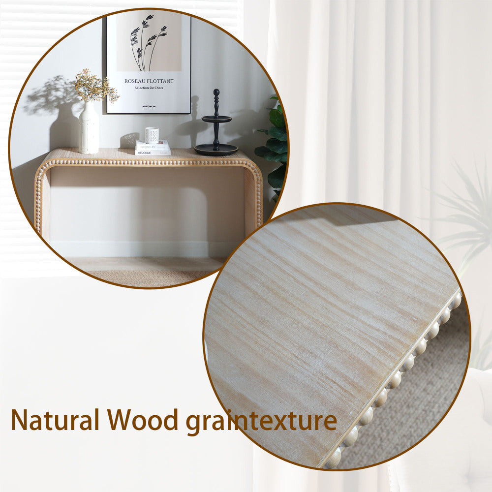 Waterfall Console Table with Wood Bead Trim 59" Curved Entryway Sofa Table Natural Wood Finish