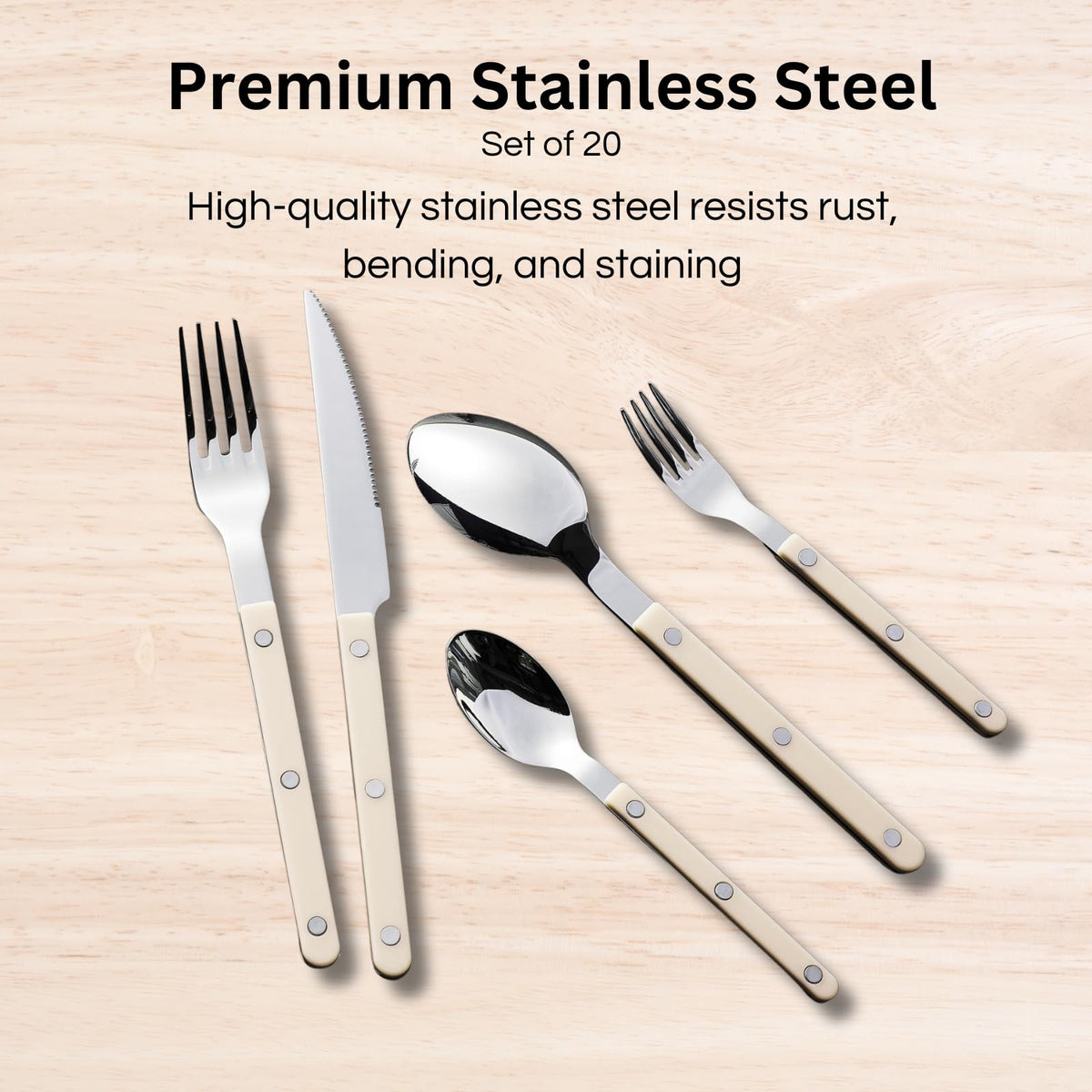 Khen Cream Cutlery Set of 20 –18/8 Stainless Steel Flatware