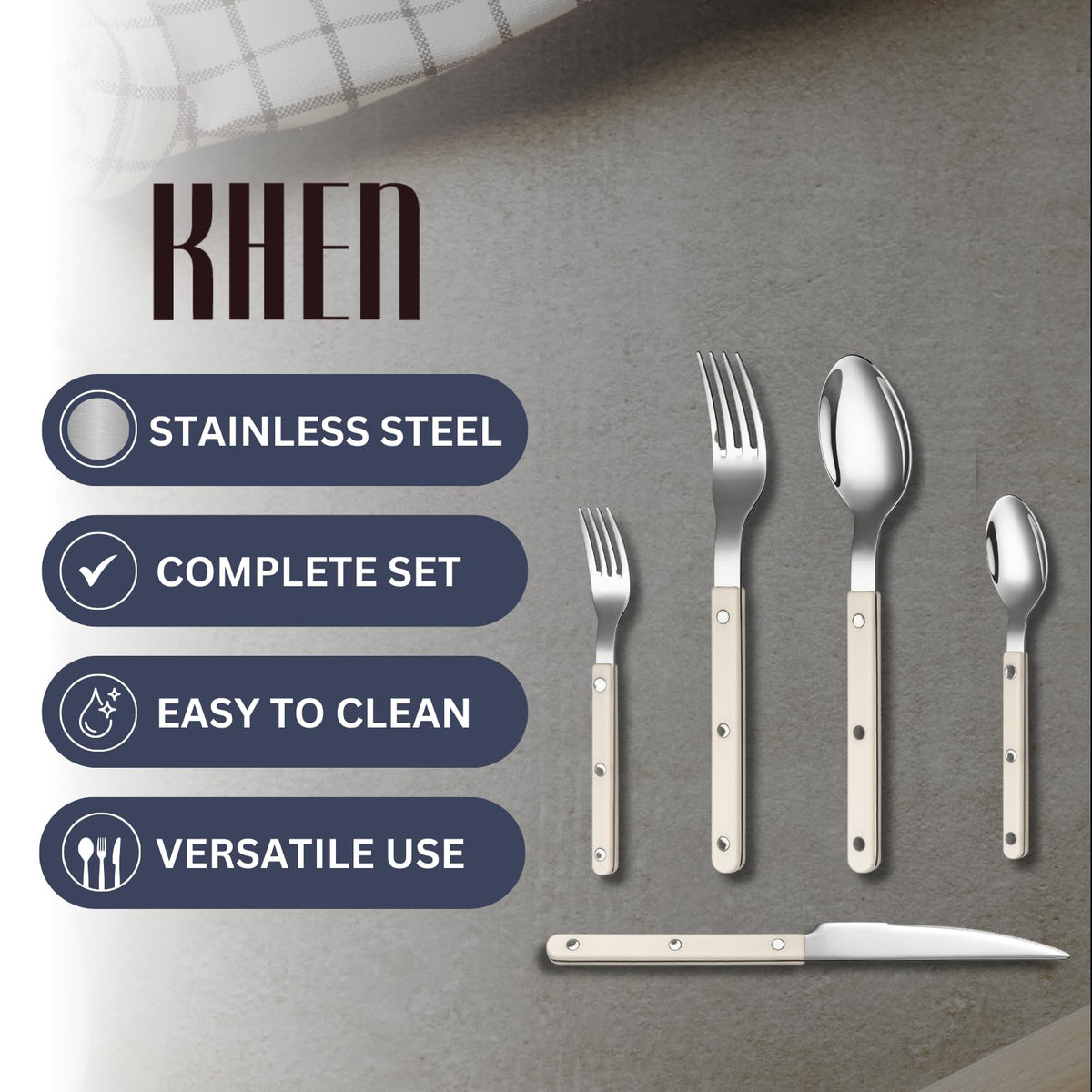 Khen Cream Cutlery Set of 20 –18/8 Stainless Steel Flatware