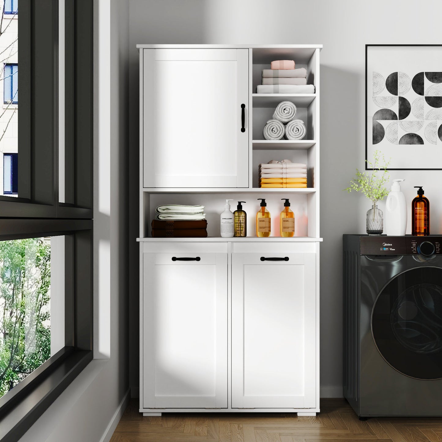 Laundry Cabinet with Doors and Shelf, Tilt-Out Laundry Hamper, Multiple Storage Space