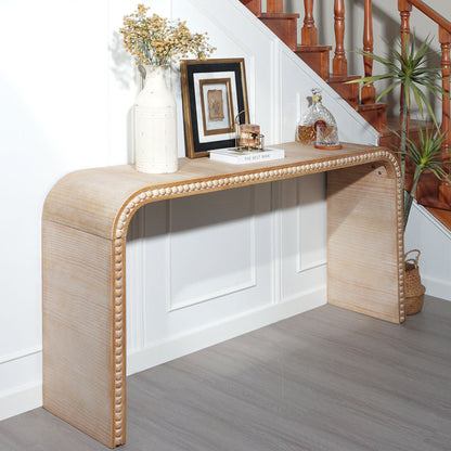 Waterfall Console Table with Wood Bead Trim 59" Curved Entryway Sofa Table Natural Wood Finish