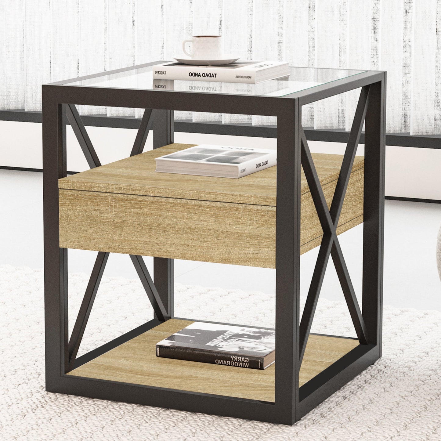 Set of 2 Modern End Tables with Drawer - Nightstands for Bedroom & Living Room
