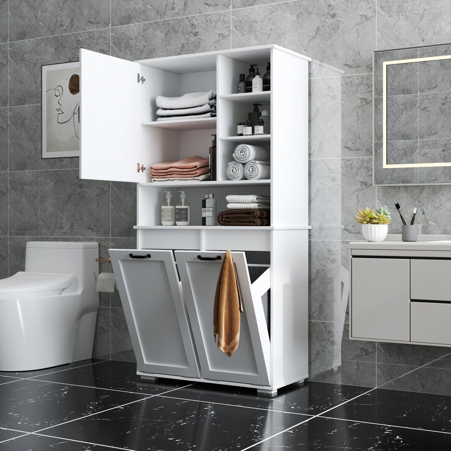 Laundry Cabinet with Doors and Shelf, Tilt-Out Laundry Hamper, Multiple Storage Space