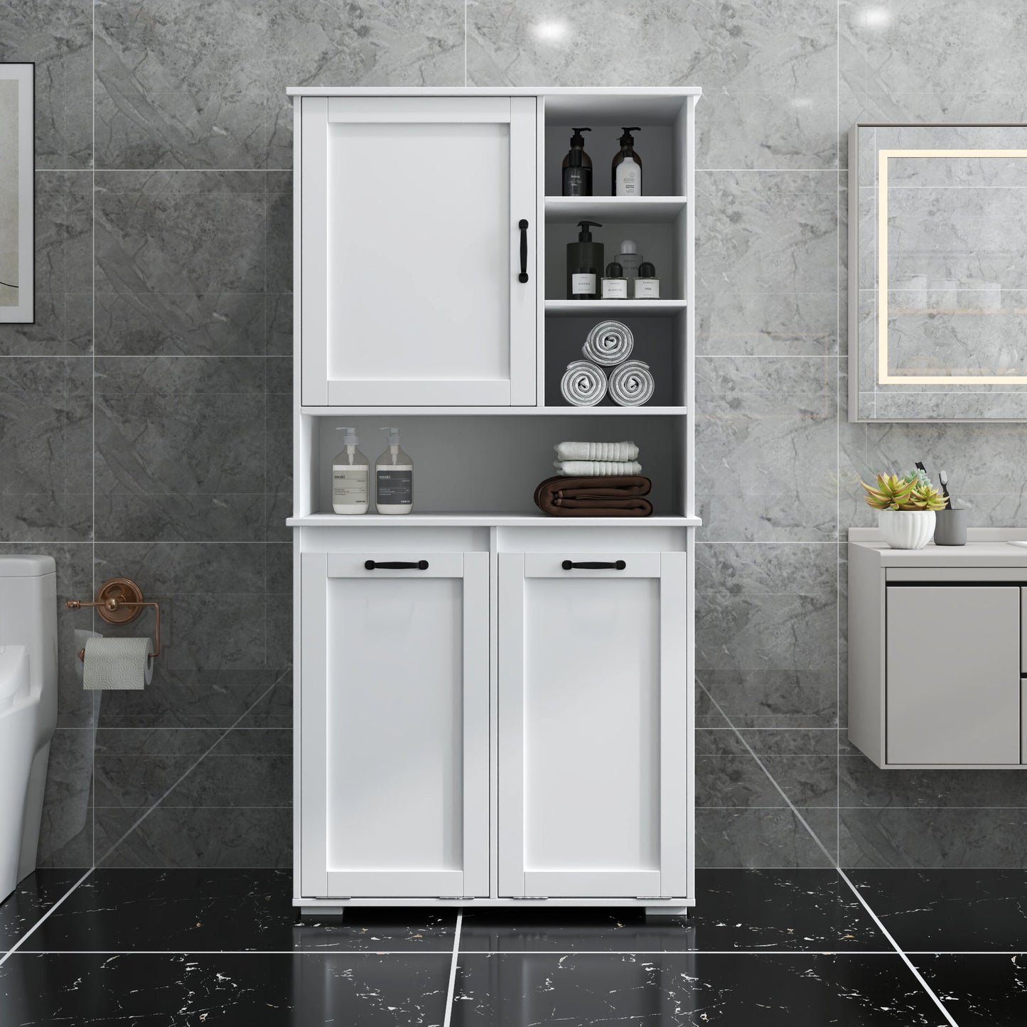 Laundry Cabinet with Doors and Shelf, Tilt-Out Laundry Hamper, Multiple Storage Space