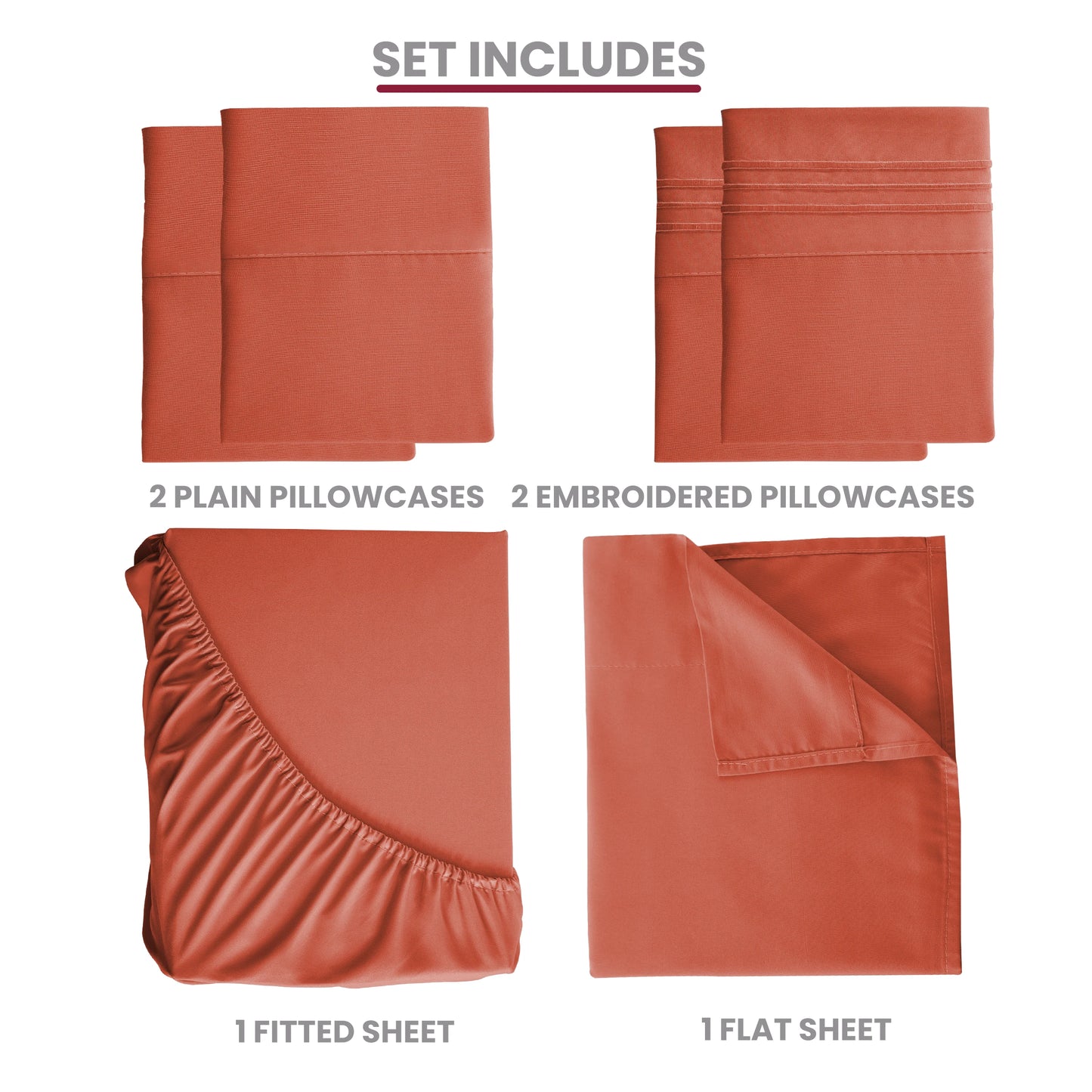 6pc Solid Sheet Set, Embroidered & Plain Pillowcases