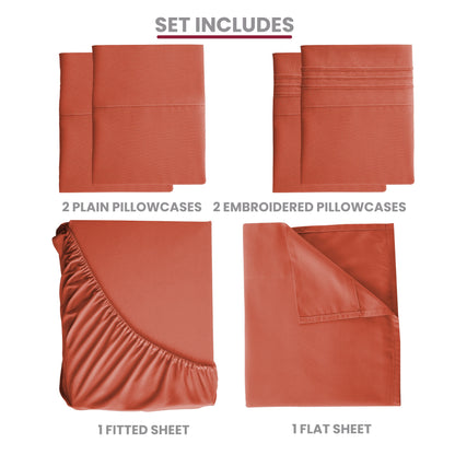 6pc Solid Sheet Set, Embroidered & Plain Pillowcases