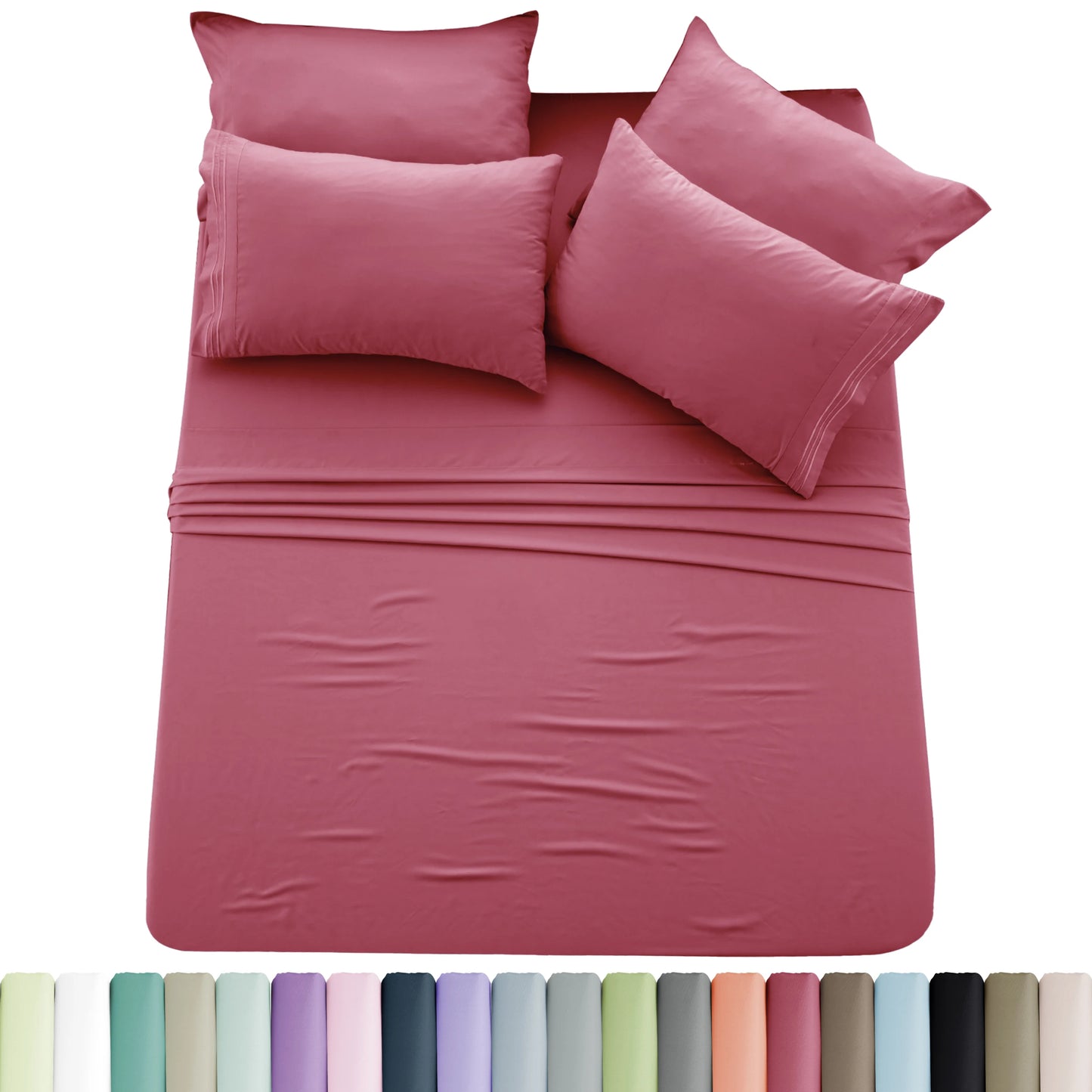 6pc Solid Sheet Set, Embroidered & Plain Pillowcases