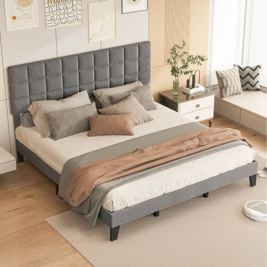 King Size Bed Frame, Linen Fabric Upholstered Platform Bed