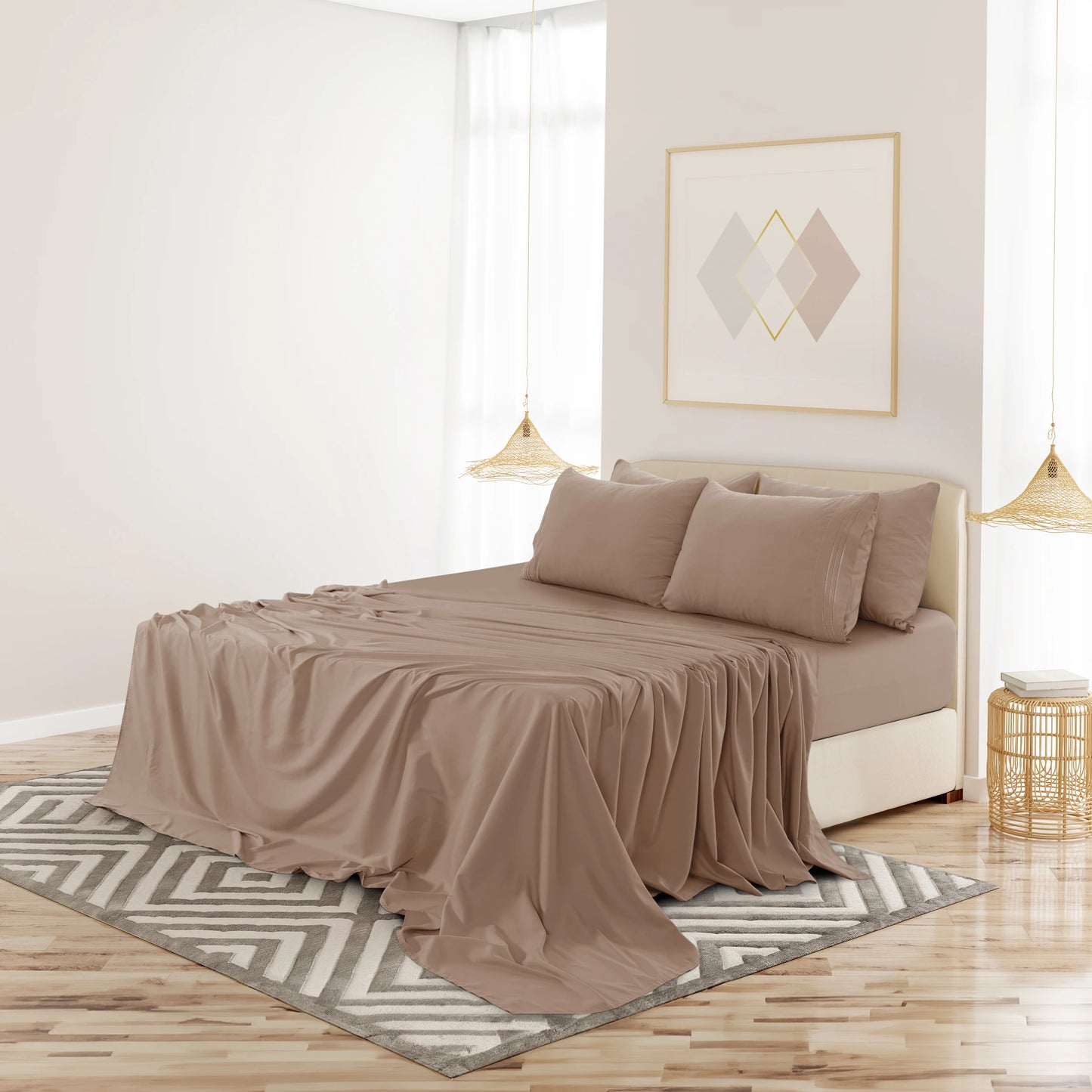 6pc Solid Sheet Set, Embroidered & Plain Pillowcases