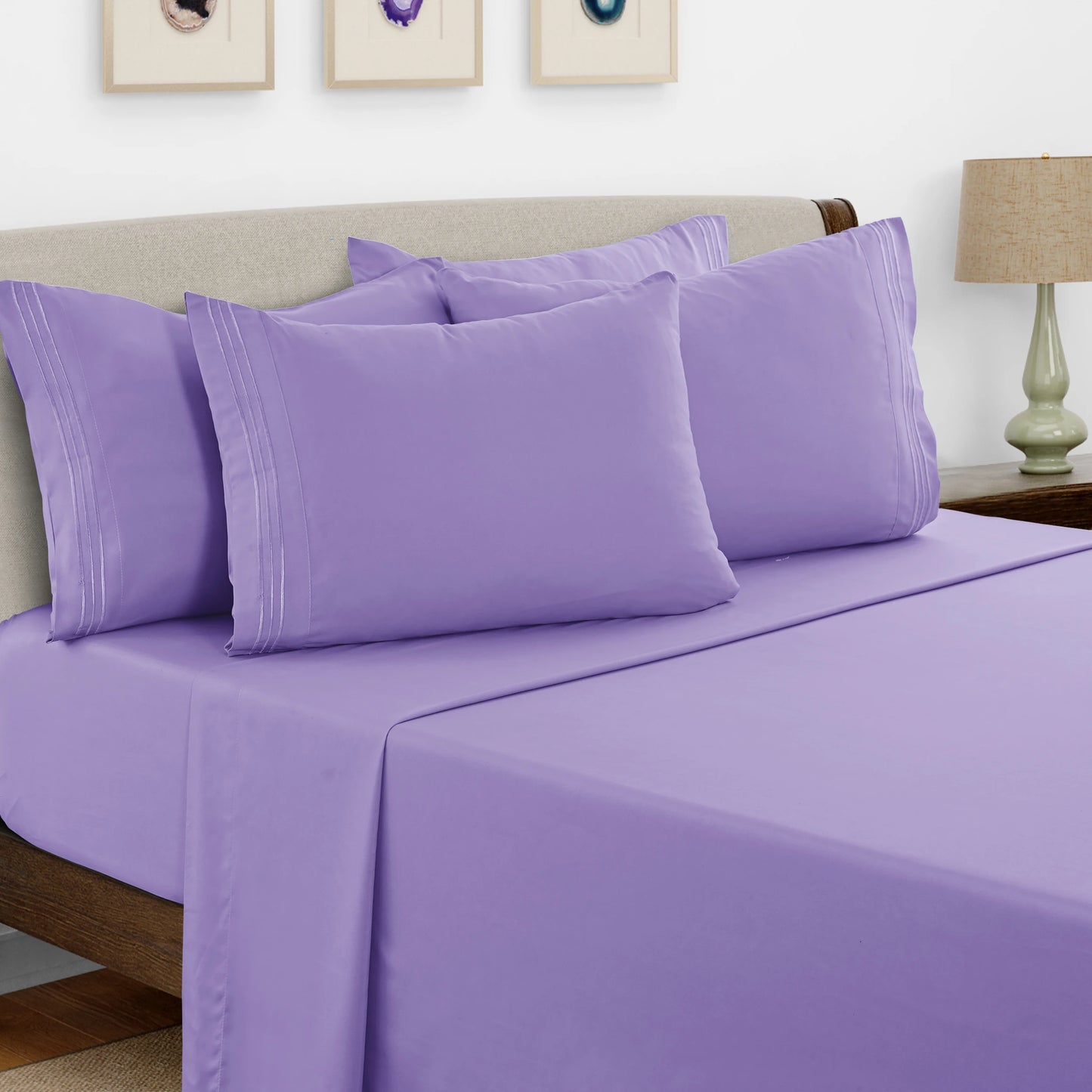 6pc Solid Sheet Set, Embroidered & Plain Pillowcases
