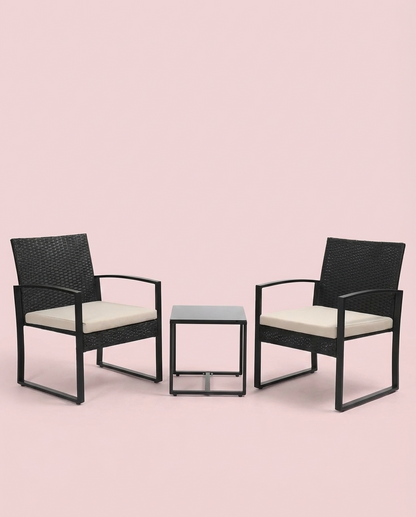 3-Piece Outdoor Patio Furniture Set – Wicker Chairs + Bar Table with Cushions