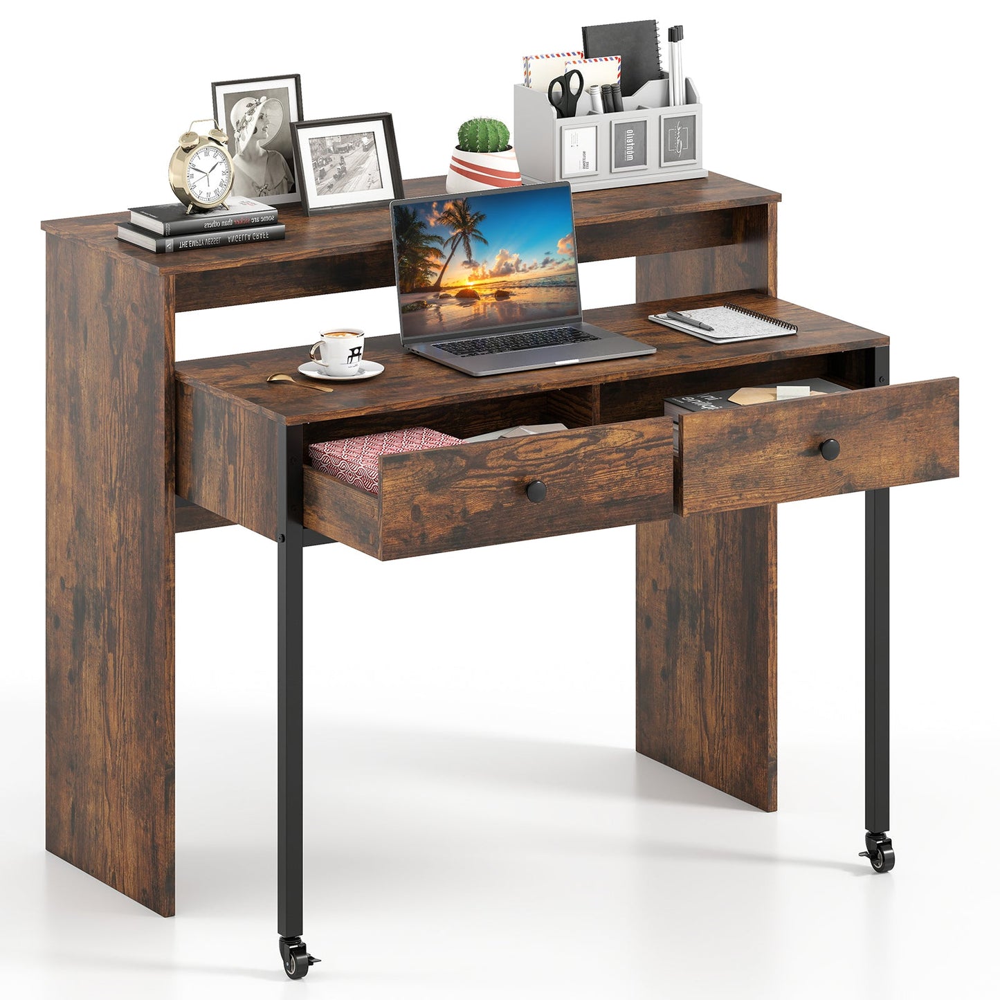 Extendable Computer Desk with 2 Storage Drawers Convertible Home Office Rolling Study Writing Desk