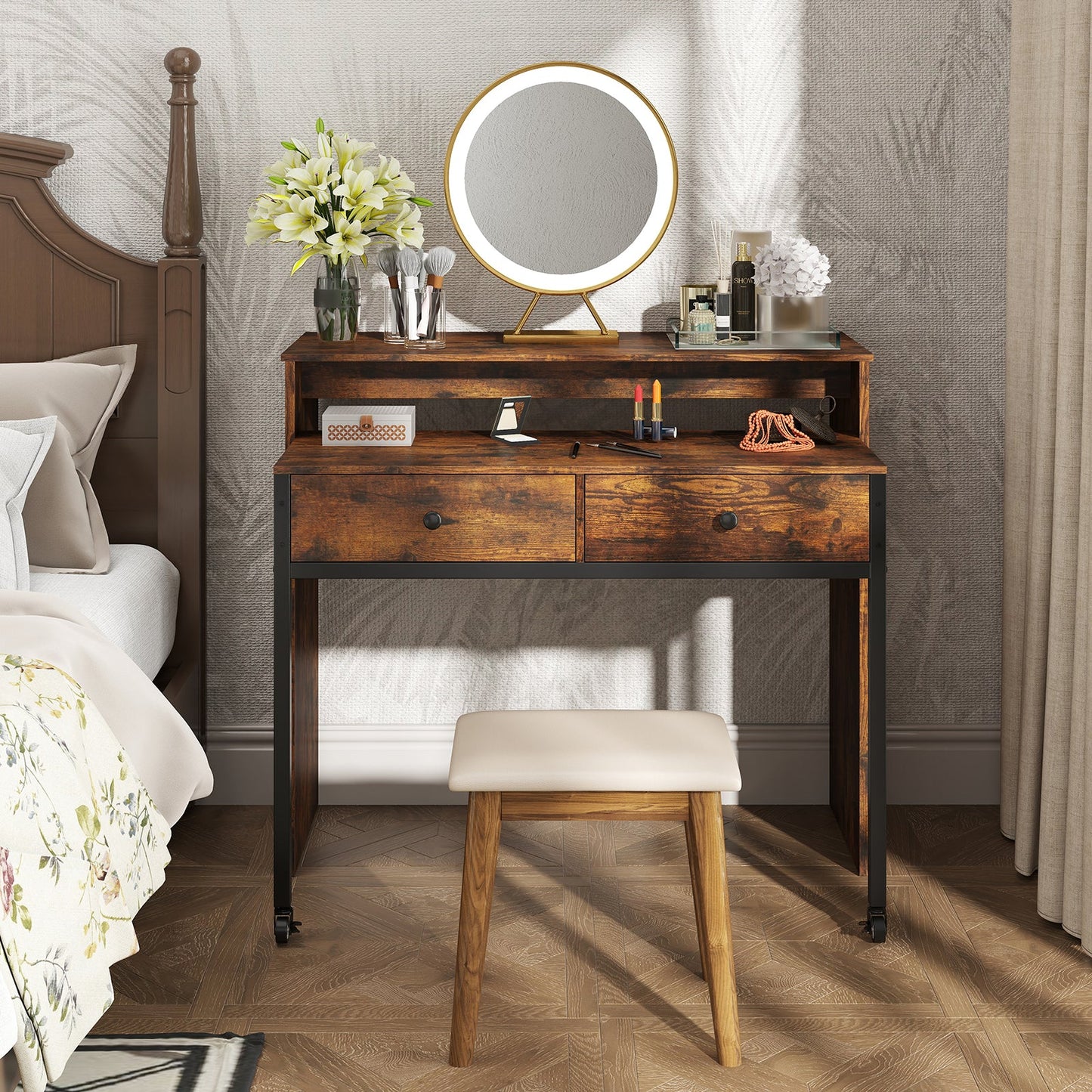 Extendable Computer Desk with 2 Storage Drawers Convertible Home Office Rolling Study Writing Desk