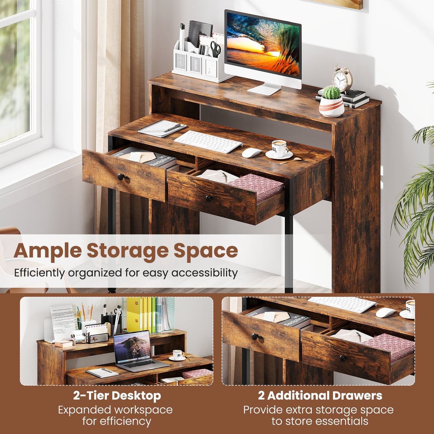 Extendable Computer Desk with 2 Storage Drawers Convertible Home Office Rolling Study Writing Desk