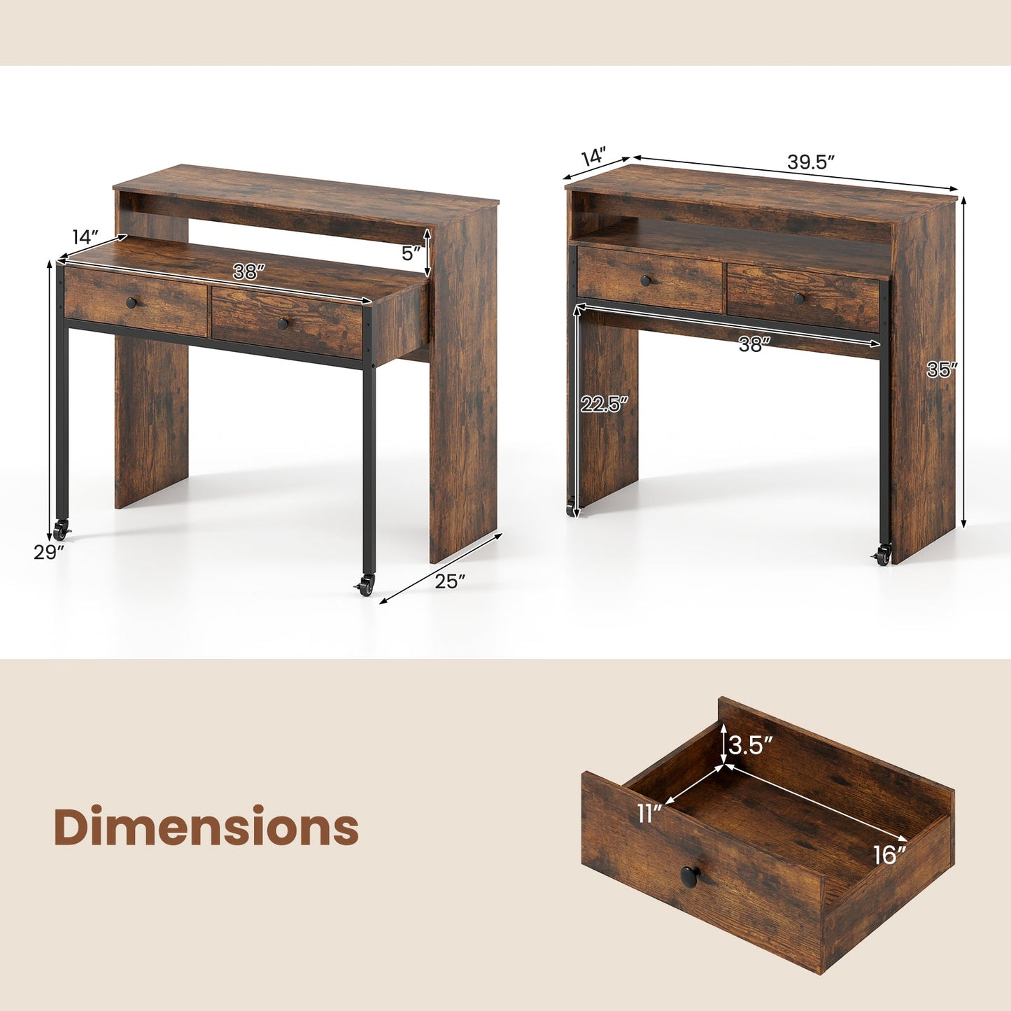 Extendable Computer Desk with 2 Storage Drawers Convertible Home Office Rolling Study Writing Desk