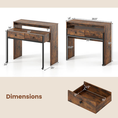 Extendable Computer Desk with 2 Storage Drawers Convertible Home Office Rolling Study Writing Desk