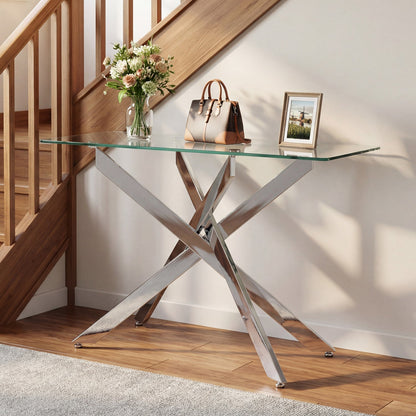 Glass Console Table Modern Entryway Table with Clear Tempered Glass Top-Silver