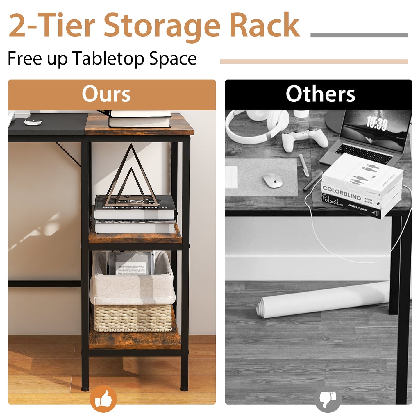55 Inch Modern Industrial Style Study Writing Desk with 2 Storage Shelves