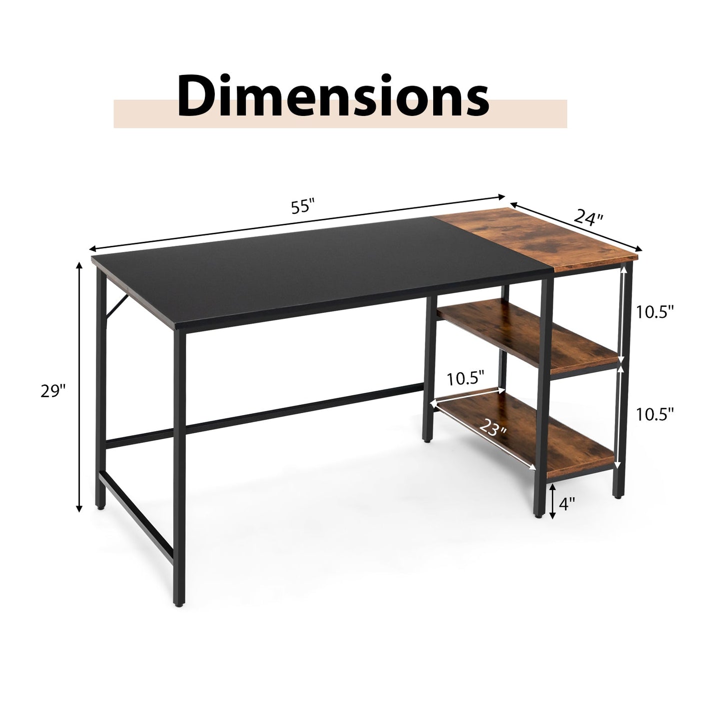 55 Inch Modern Industrial Style Study Writing Desk with 2 Storage Shelves