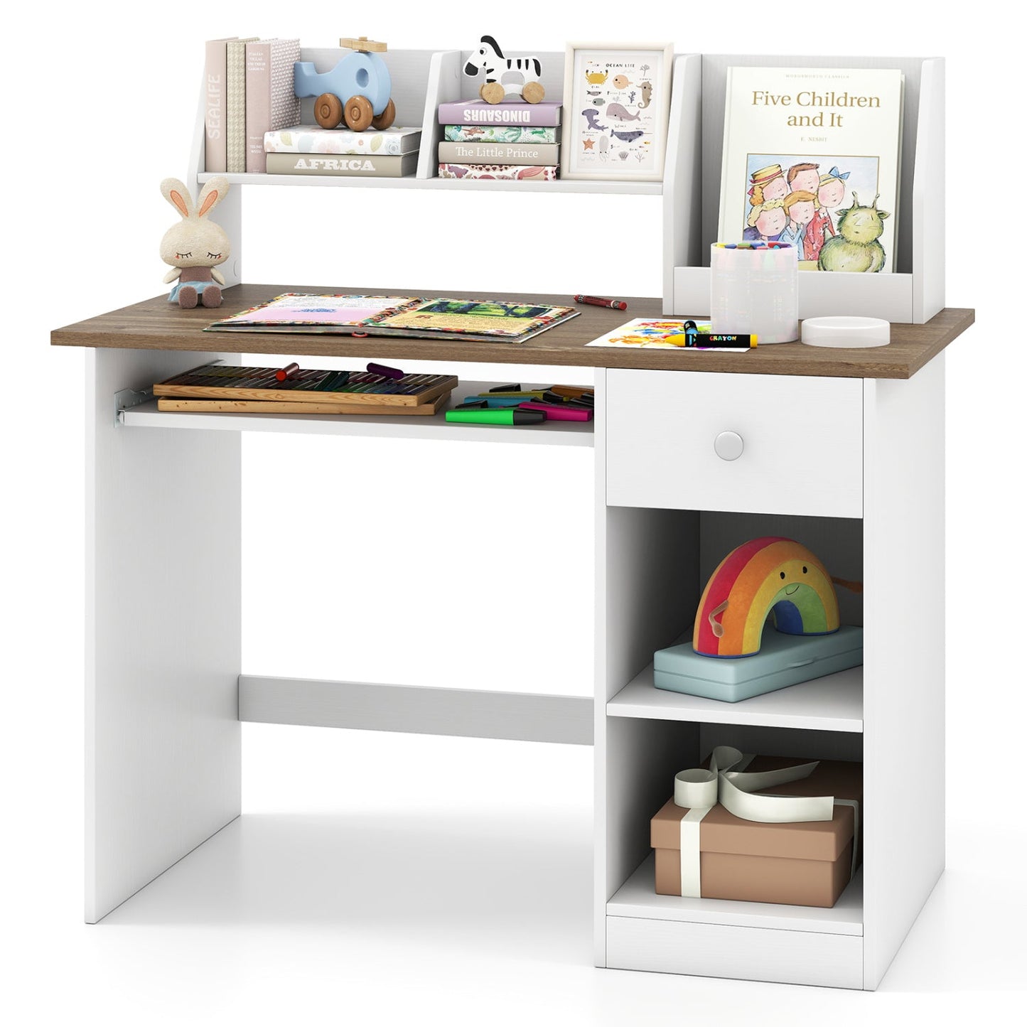Kids Study Desk Children Writing Table with Hutch Drawer Shelves and Keyboard Tray-White