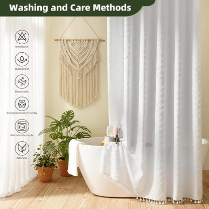 White Boho Shower Curtain Fabric Textured