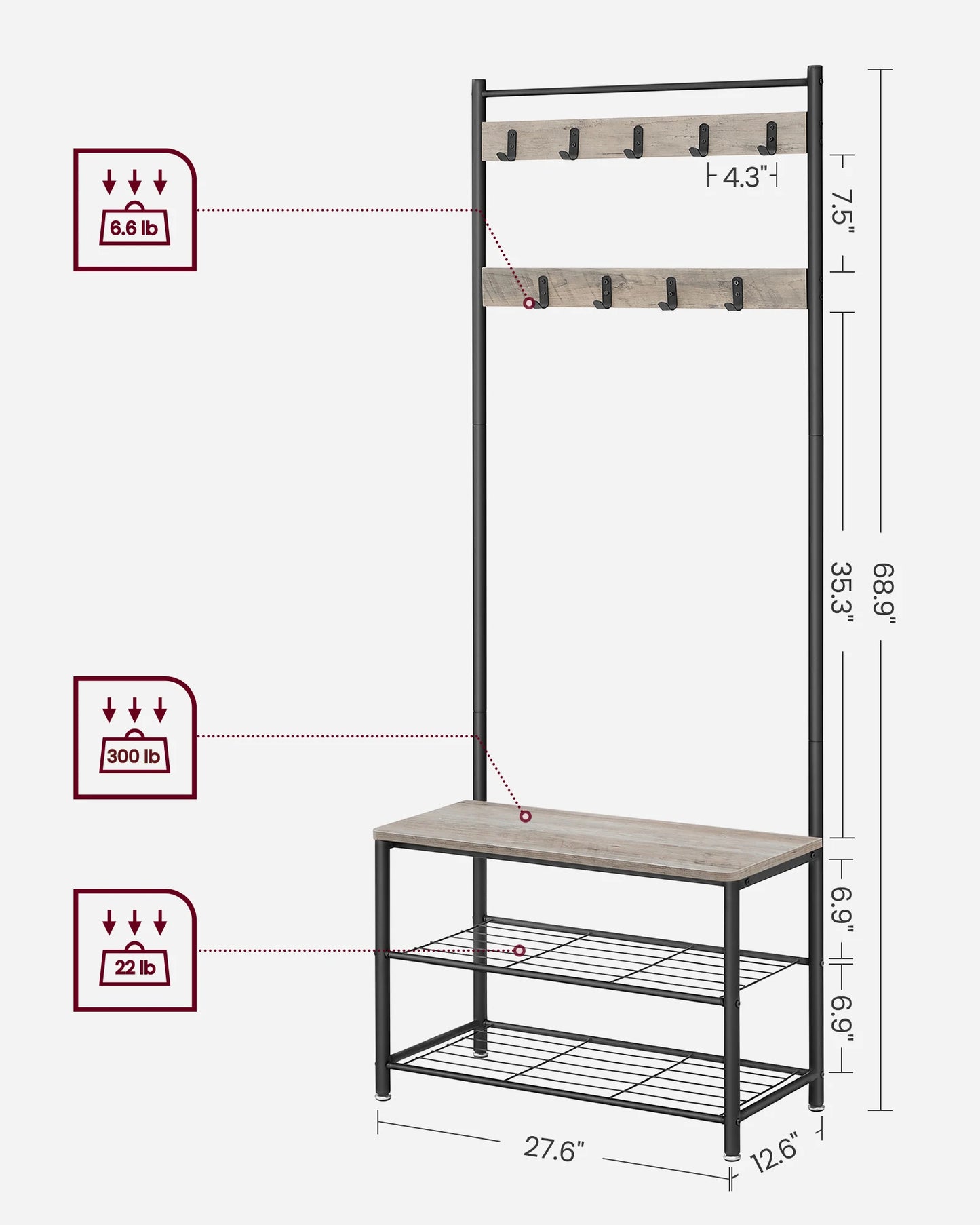 Coat Rack, Hall Tree with Shoe Storage Bench