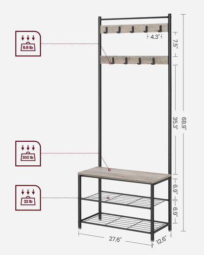 Coat Rack, Hall Tree with Shoe Storage Bench