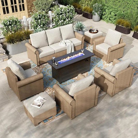 8 Pieces Patio Furniture Set, 9 Seats Outdoor Wicker Sofa with Ottomans