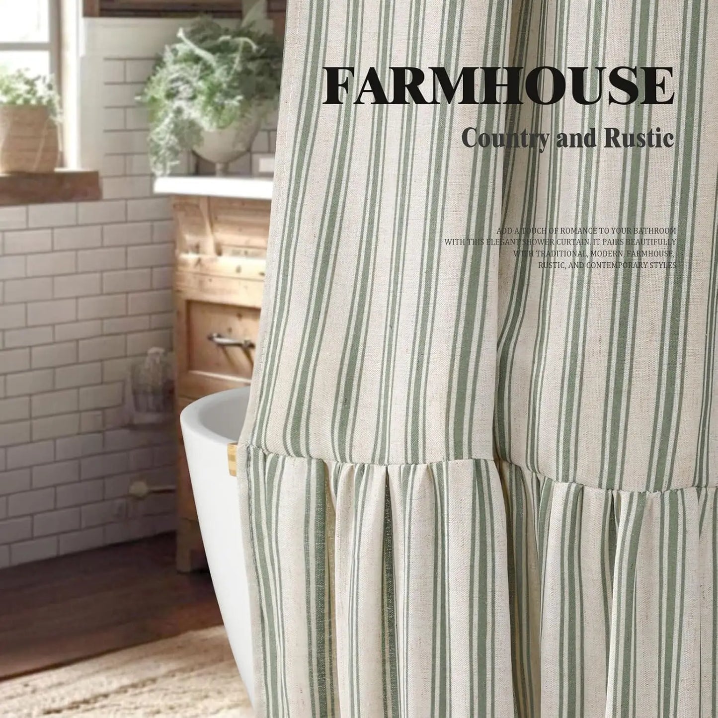 Farmhouse Shower Curtain, Linen Blend Natural Fabric