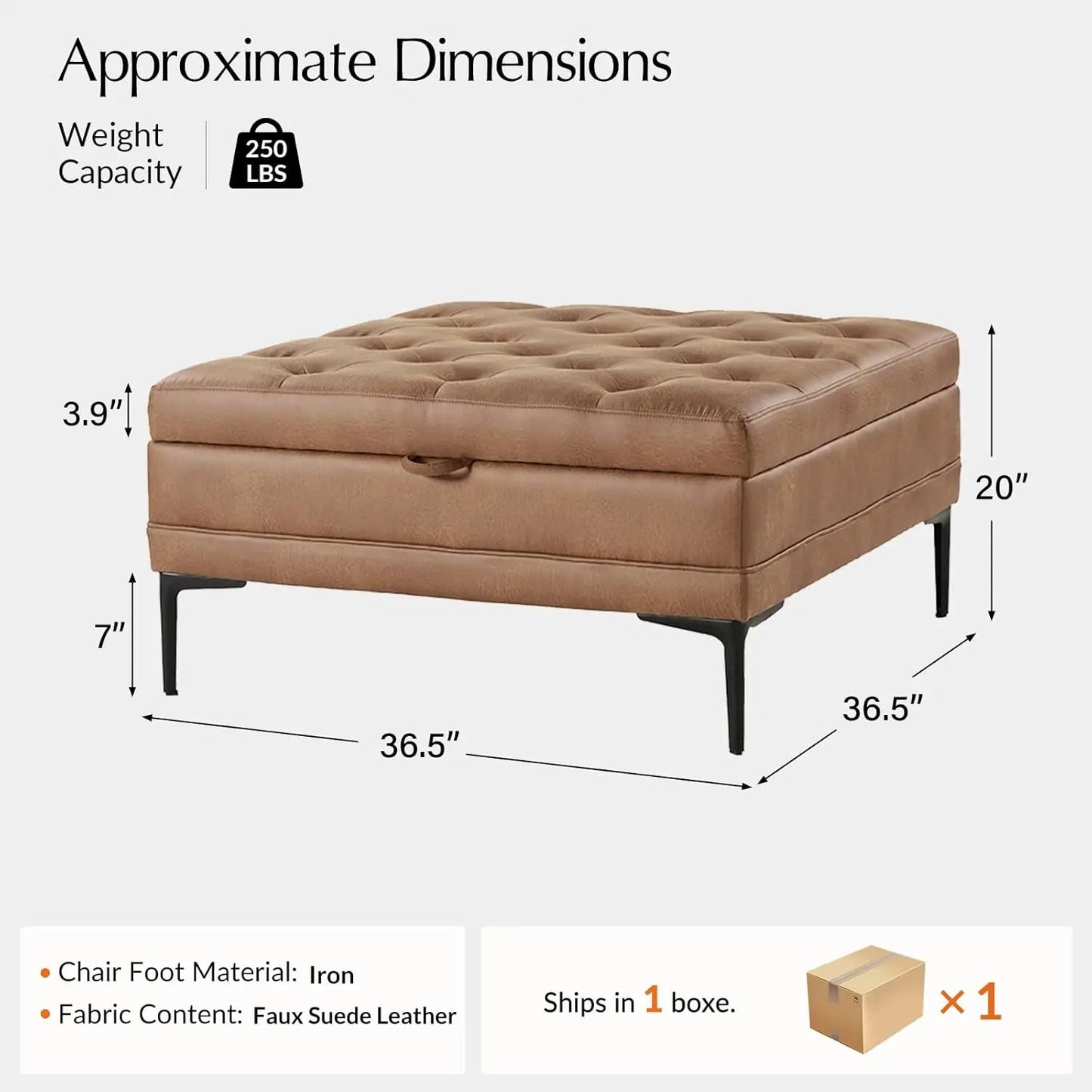 Faux Leather Coffee Table, 36.5" Square Storage Ottoman